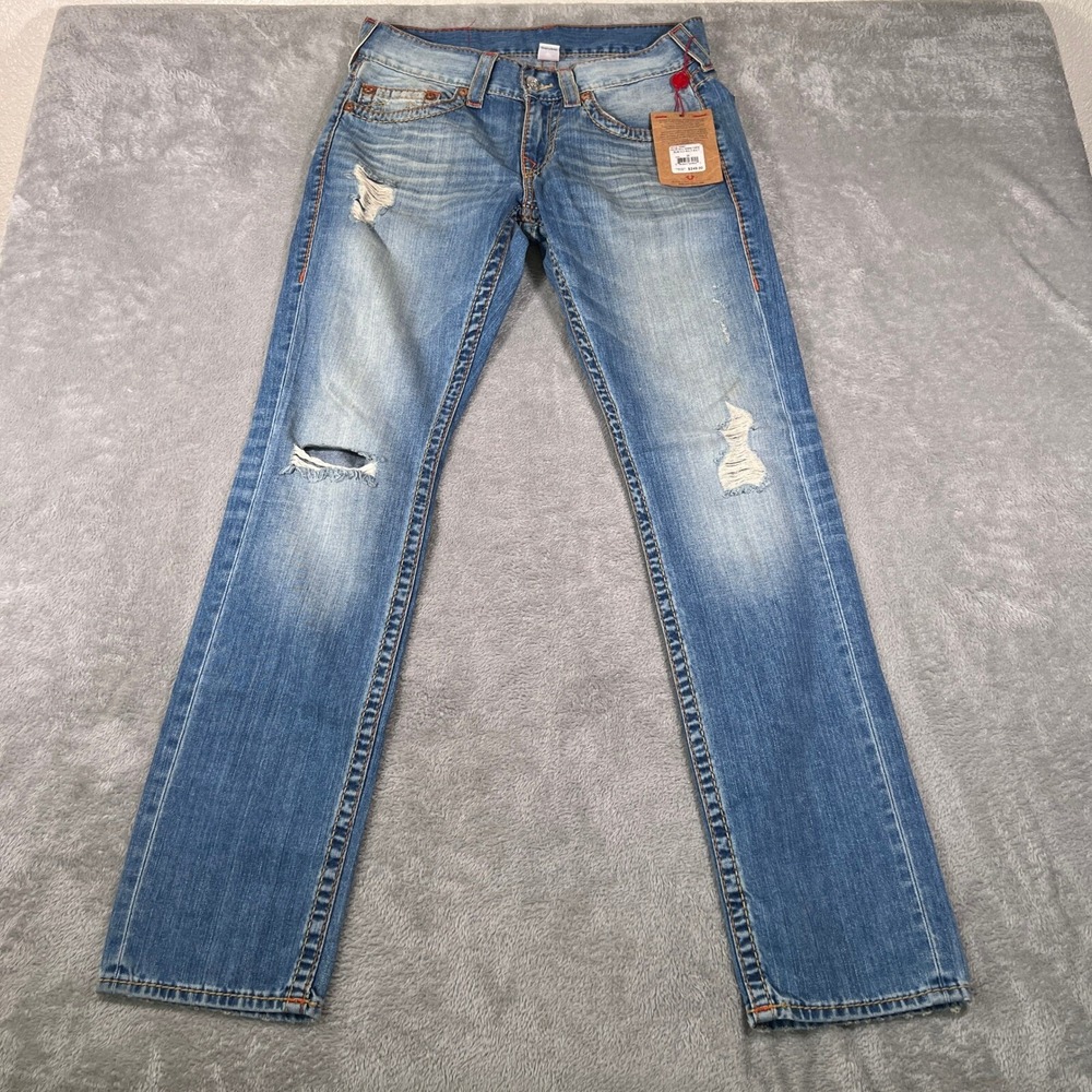 True Religion Jeans Slim Old Multi Big T Distressed Denim Size 30 NEW